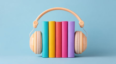 Colorful stacked books paired with stylish headphones create a vibrant scene that symbolizes the blend of traditional reading and modern audio experiences in learning.の素材