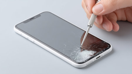 Close-up of a hand using a repair tool on a cracked smartphone screen, highlighting the complexity of device restoration and the importance of careful work.の素材