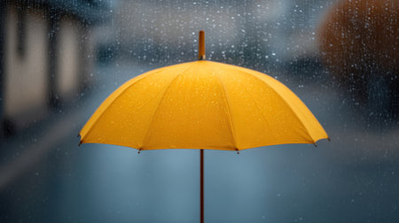 A vibrant yellow umbrella stands resilient against falling rain, creating a striking contrast with the moody background. Perfect for capturing weather moods.の素材