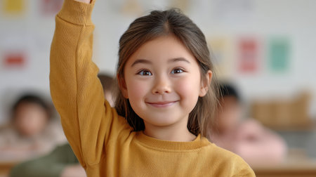 A cheerful young girl in a classroom eagerly raises her hand, radiating enthusiasm and curiosity, creating a lively and engaging learning environment.の素材