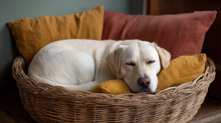 A peaceful scene featuring a Labrador Retriever sleeping comfortably in a stylish woven basket. The dog enjoys soft cushions, creating a warm, cozy atmosphere.の素材