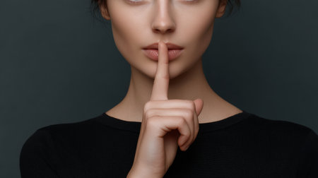 A captivating portrait of a young woman signaling silence with her finger on her lips, radiating beauty and elegance in a serene dark setting, perfect for artistic contexts.の素材
