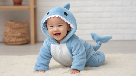 A cheerful baby crawls in a cute shark costume, radiating joy and warmth amidst a soft rug. Perfect for themes of childhood, playfulness, and family moments.の素材
