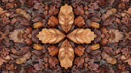 Explore the intricate beauty of a symmetrical design created from brown autumn leaves on the ground, showcasing nature's stunning textures and colors in a harmonious pattern.の素材