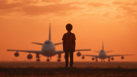 A child stands silhouetted against a breathtaking sunset, framed by two airplanes on an airport tarmac, capturing the essence of adventure and limitless dreams.の素材