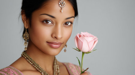 A graceful woman holds a pink rose, elegantly dressed in traditional attire. This portrait captures beauty, culture, and serene expression, perfect for artistic endeavors.の素材