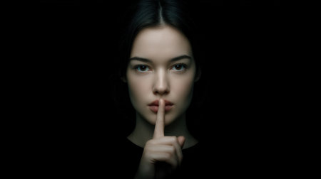 A young woman poses in a dark setting, showcasing a silent gesture with her finger on her lips. The image evokes thoughts of mystery and introspection.の素材