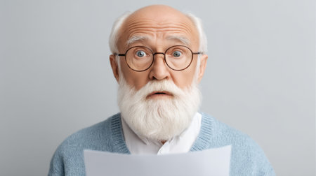 An elderly man with a surprised expression gazes at a sheet of paper, showcasing emotions of curiosity and disbelief. Ideal for themes of aging and surprise.の素材