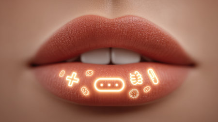 This close-up image features stylish lips adorned with neon health icons, symbolizing wellness and beauty. It captures a modern and vibrant aesthetic, perfect for health and beauty themes.の素材