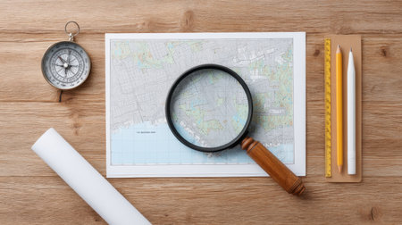 Explore the world of navigation with this detailed topographic map, magnifying glass, compass, and pencils arranged on a wooden surface, perfect for planning adventures.の素材
