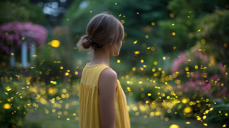 A serene young woman in a flowing yellow dress stands in an enchanting garden, surrounded by glowing fireflies, capturing the essence of tranquility and beauty.の素材