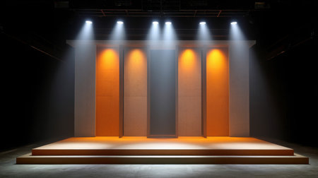 A sleek and minimalist stage design featuring warm orange lighting accents. Ideal for artistic performances or presentations, this space offers a modern backdrop for various events.の素材