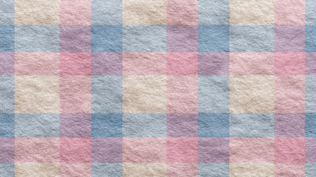 This soft pastel checkered fabric features a lovely blend of blue, pink, and cream squares. Perfect for fashion, crafts, or home decor projects, it adds a cozy touch.の素材