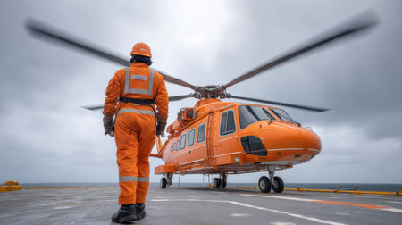 A dedicated worker in bright orange safety gear approaches a robust helicopter on an offshore platform, highlighting the crucial role of aviation in emergency operations.の素材