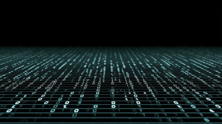 Explore a stunning abstract digital landscape filled with flowing binary code against a dark backdrop, representing the essence of data, technology, and modern computing.の素材
