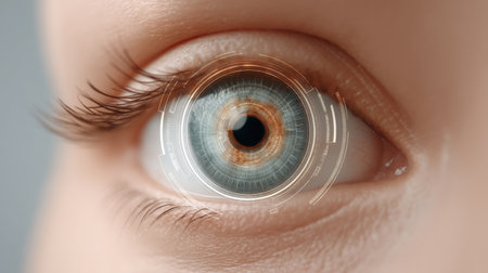 Detailed close-up of a human eye featuring a futuristic digital overlay. The image highlights the intricate iris patterns and vivid colors, blending nature with technology.の素材
