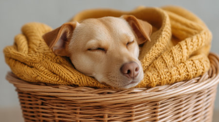 A delightful scene featuring a dog napping in a woven basket, wrapped in a cozy yellow sweater, showcasing warmth, comfort, and tranquility in a serene indoor setting.の素材