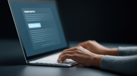 A close-up view of hands typing on a sleek laptop keyboard in a dark environment, showcasing a modern workspace ideal for digital work and productivity.の素材