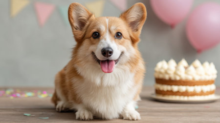 A joyful corgi smiles brightly while lounging near a beautifully decorated birthday cake, capturing the essence of playful celebrations with balloons in the background.の素材