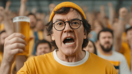 A passionate male fan cheerfully celebrates during a lively sports event, raising a beer and expressing excitement while surrounded by an enthusiastic crowd.の素材