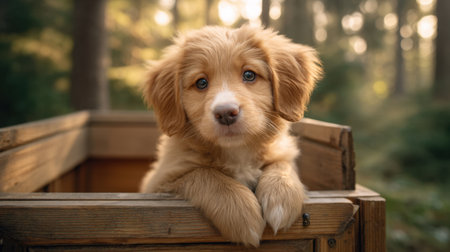 A charming puppy comfortably resting in a wooden crate, surrounded by the serene beauty of a forest. Soft sunlight filters through the trees, enhancing the tranquil atmosphere.の素材