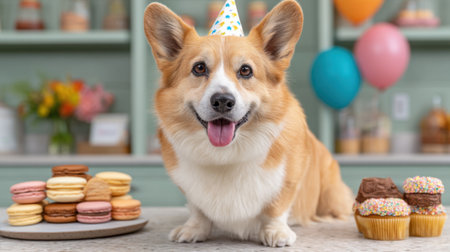 A cheerful corgi wearing a party hat poses with delightful treats in a festive kitchen, capturing the joy of birthday celebrations for pets and their owners.の素材
