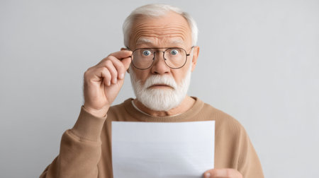 An elderly man with a white beard and glasses displays a surprised expression while reading a document. His puzzled look captures the moment of unexpected realization.の素材