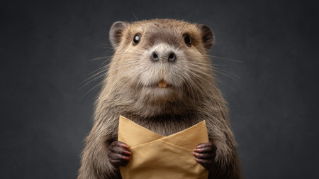 An adorable rodent with fluffy fur holds an envelope in its paws, showcasing a cute expression. This whimsical animal portrait captures warmth and charm, ideal for fun projects.の素材