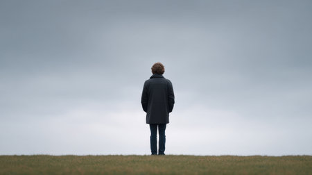 A solitary figure stands against a backdrop of a vast grassy field and overcast sky, capturing a moment of reflection and serenity in nature embrace.の素材