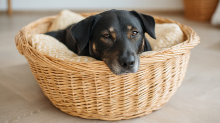 A black dog rests comfortably in a woven basket bed with soft cushions, radiating warmth and tranquility in a bright indoor environment, perfect for pet lovers.の素材