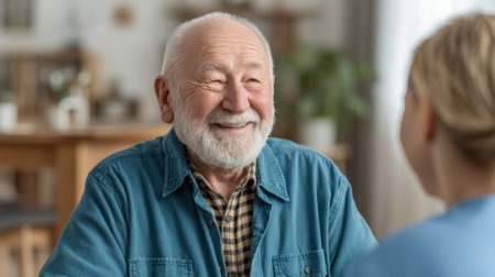 An elderly man with a white beard shares a joyful moment with a younger woman, showcasing warmth and connection. A cozy indoor atmosphere enhances this heartfelt interaction.の素材