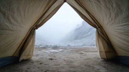 The image offers a serene viewpoint from inside a camping tent, showcasing a misty mountain landscape and rocky terrain enveloped in calming fog.の素材