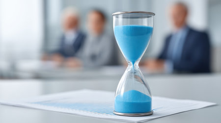 An artistic representation of an hourglass filled with blue sand emphasizes the concept of time management in a professional setting, highlighting urgency and focus.の素材