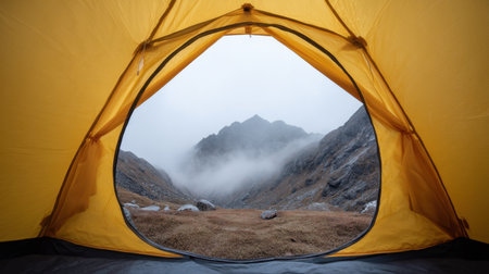 Experience the serene beauty of nature through the yellow tent's opening, revealing majestic mountains shrouded in fog, perfect for outdoor enthusiasts seeking peace.の素材