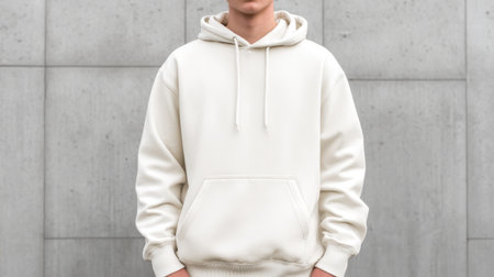 A young individual dressed in a light-neutral hoodie stands confidently in front of a textured concrete wall, embodying a modern, minimalist fashion vibe suitable for casual settings.の素材