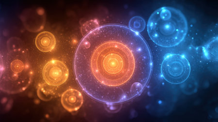 This vibrant abstract image features glowing bubbles in warm orange and cool blue tones, creating a captivating visual that symbolizes energy and technology in a digital space.の素材