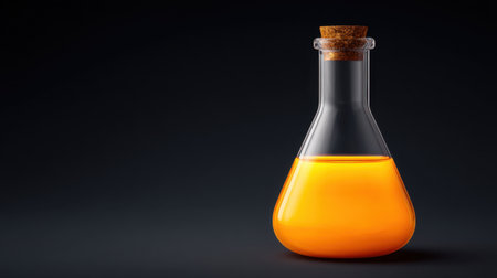 A laboratory flask filled with vibrant orange liquid, corked for storage. Ideal for themes of science, chemistry, and experimentation against a dark backdrop.の素材