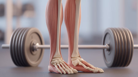 Explore a detailed anatomical illustration showing human feet with muscle and bone structure, set against a fitness backdrop with a barbell, ideal for educational use.の素材