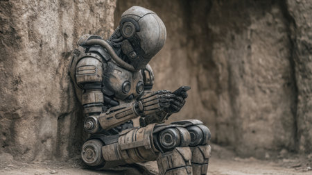 A futuristic robot sits against a rugged wall, absorbed in a smartphone, symbolizing the intersection of technology and emotion in a unique digital landscape.の素材