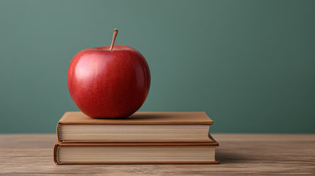 A bright red apple sits atop two brown books, creating a striking visual contrast against a muted green background. This image embodies themes of education and knowledge.の素材
