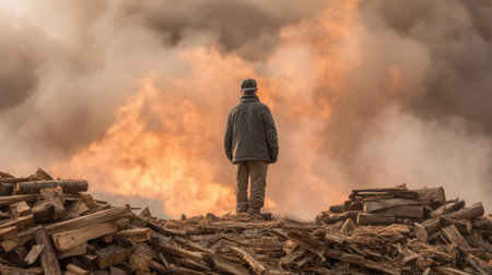 A lone figure gazes at an intense scene of flames and smoke, surrounded by wooden stacks. This image captures the powerful interplay between man and nature, evoking deep emotions.の素材
