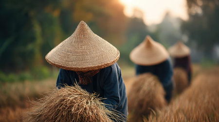A serene scene of traditional rice harvesting in Southeast Asia, showcasing farmers wearing conical hats working meticulously in golden fields under warm sunshine.の素材