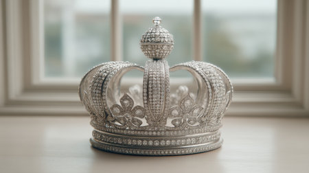 A beautifully crafted silver crown embellished with shimmering jewels, positioned gracefully on a surface, bathed in gentle light near a window, creating a serene atmosphere.の素材