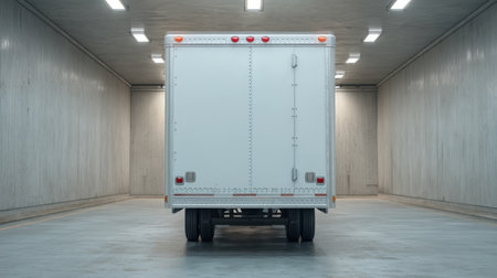 A white delivery truck is parked in an empty warehouse with concrete walls, showcasing a minimalist design. The modern lighting enhances the spacious environment, ideal for logistics.の素材