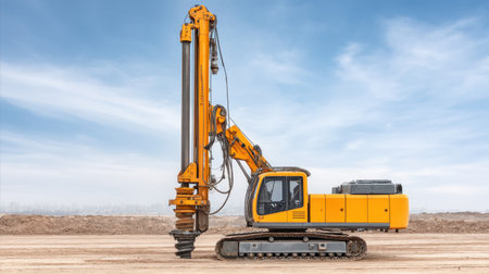 A bright yellow heavy machinery drilling deep foundation piles at a construction site. The excavator stands out against a clear blue sky, showcasing advanced engineering capabilities.の素材