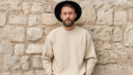 A young man styled in a cream sweater and a black hat stands confidently against a rustic stone wall. His relaxed pose combines modern aesthetics with casual fashion.の素材
