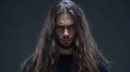 This captivating portrait showcases a young man with long hair, exuding confidence and intensity through his serious expression against a dark backdrop.の素材