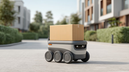 A modern delivery robot with a cardboard box navigates a sleek urban landscape, showcasing the future of automated logistics and efficient transportation solutions.の素材