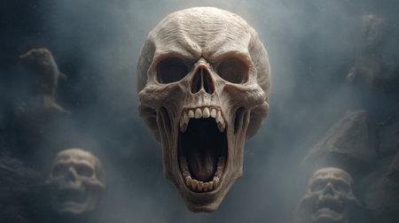 Captivating skull with an open mouth, surrounded by swirling smoke and shadows, creates a haunting scene ideal for horror themes, artwork, or atmospheric settings.の素材