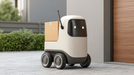 This image showcases a compact delivery robot designed for modern logistics, standing outside a stylish home. The innovative robot highlights convenience and efficiency in urban environments.の素材